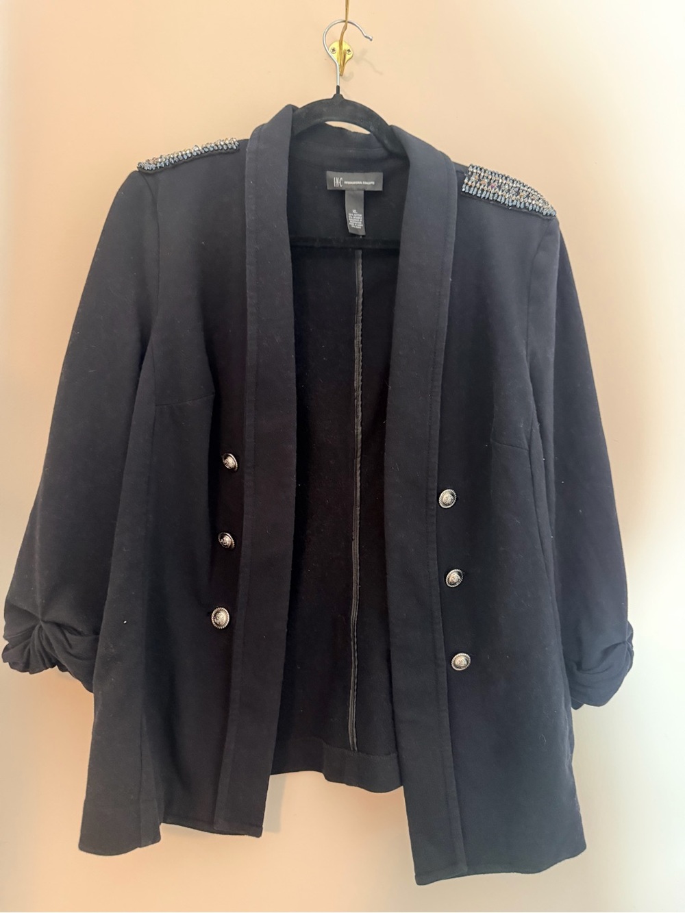 INC International Concepts Black Beaded-Shoulder Double-Breasted Blazer
